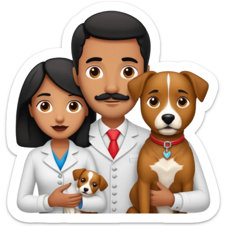 Pareja de novios, pelo negro ambos, y con dos perritos pincher en brazos, el hombre sin bigote y la mujer con pelo largo sticker