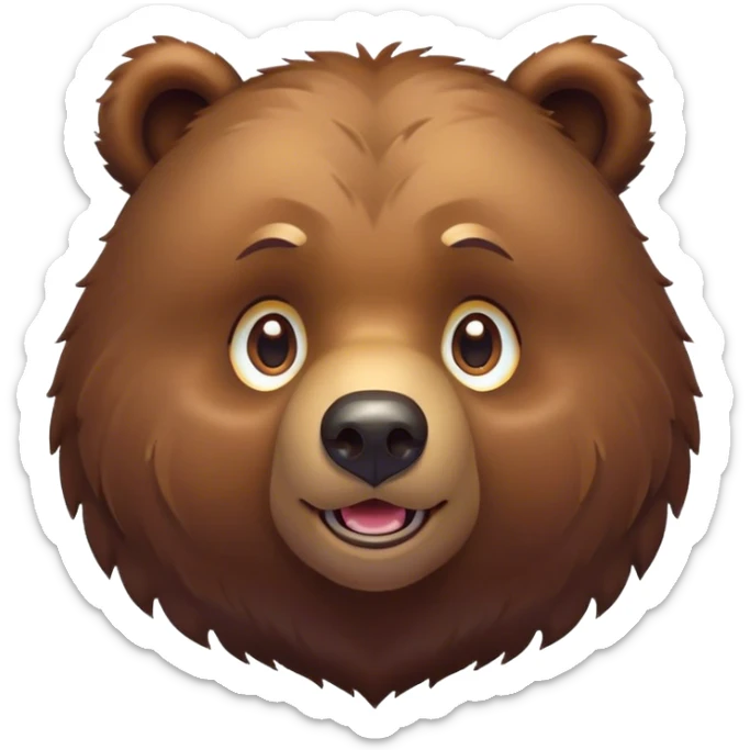 Cinematic Cute Grizzly Bear Portrait Emoji, Head tilted playfully and inquisitively, featuring a dense, rugged deep brown fur with a gentle, curious expression in round, sparkling eyes, Simplified yet irresistibly adorable features, highly detailed, glowing with a warm, friendly glow, high shine, affectionate and surprisingly gentle, stylized with a touch of wild whimsy, bright and endearing, soft glowing outline, capturing the essence of a mischievous yet loving bear, so playful it feels like it could amble out of the screen and into your arms! sticker