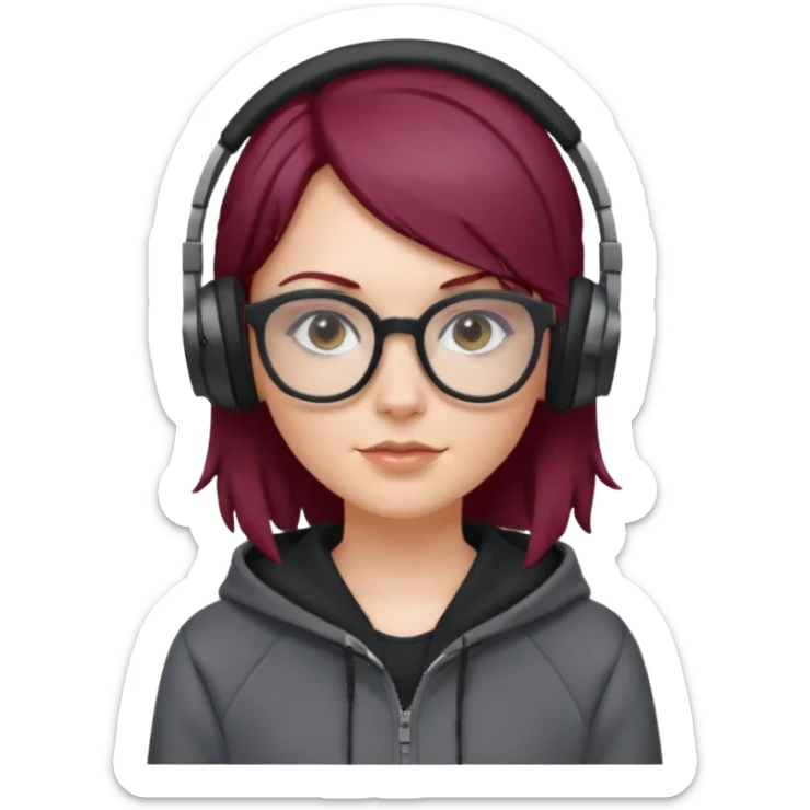 white girl with burgundy hair, gray squared-glasses, black deportive hoodie and black headphones sticker