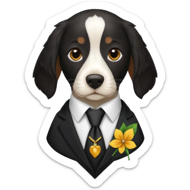 Un Springer allemand noir en costard-cravate et dans la petite poche du costard il y a un trèfle à quatre feuilles sticker