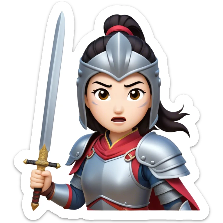 Cinematic Funny Mulan Portrait Emoji, Wearing her training armor too big, looking surprised as a sword nearly topples her over, a mix of warrior determination and hilarious inexperience, a comical yet endearing moment in her transformation! sticker