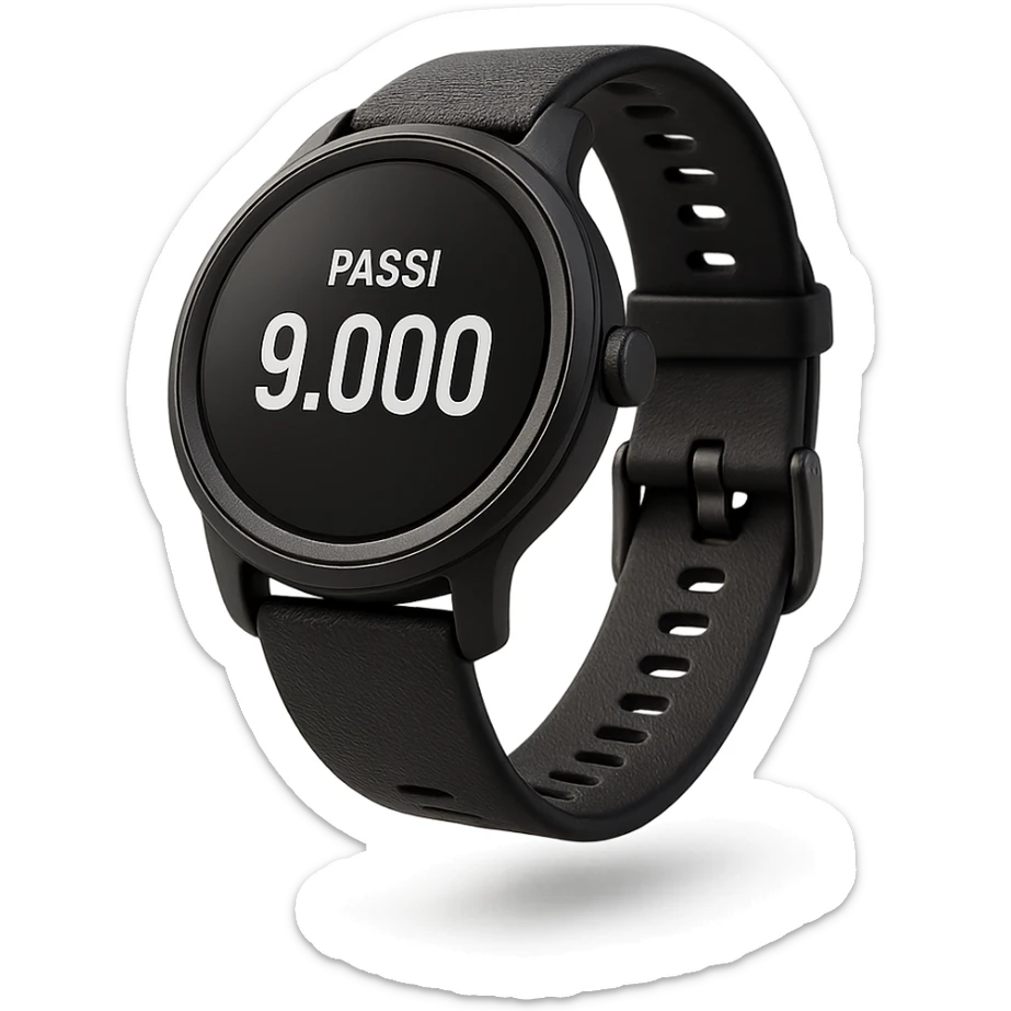 orologio contapassi che segna 9.000 passi sul display in italiano, fluttua in aria, iperrealistica 4k, isolato su sfondo bianco sticker