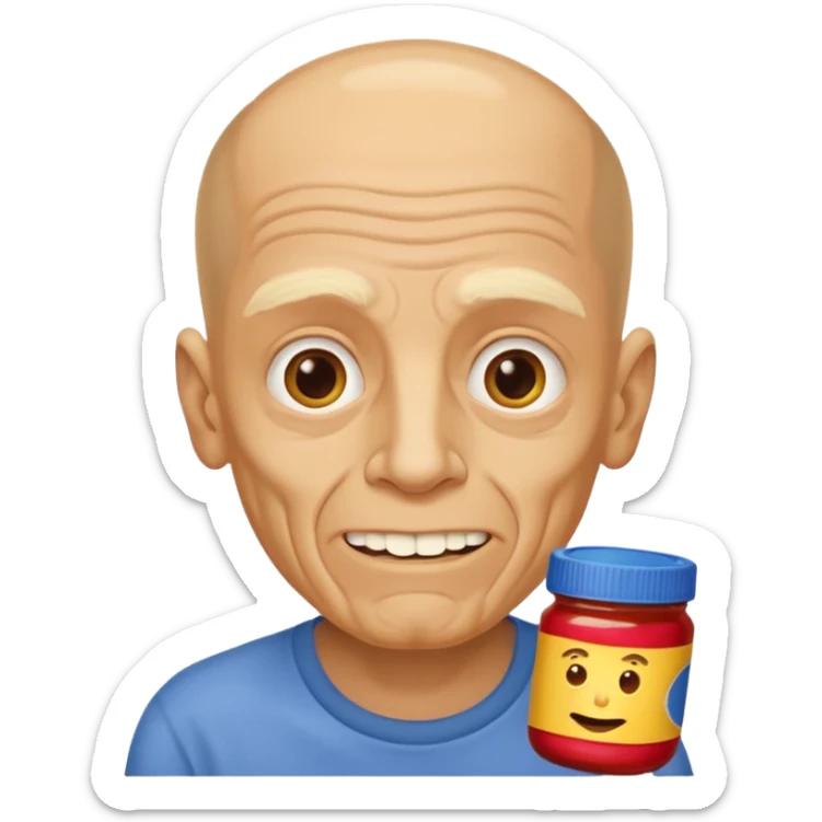 White man, barely any hair, lots and lots of wrinkles, bad yellow teeth, and peanut butter. Cerebral palsy sticker