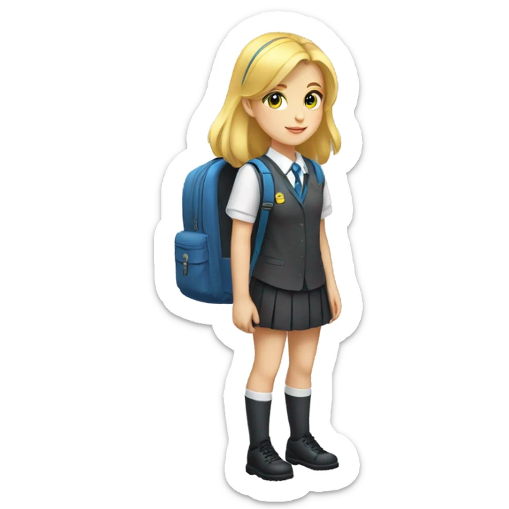 blue eyed, blonde hair white young girl wearing a private school uniform and a yellow backpack full body sticker