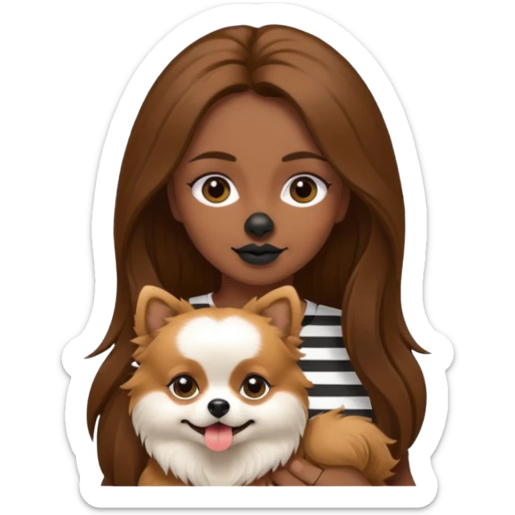 Create an emoji-style illustration of a woman with long brown hair holding one Pomeranian dog. The dog has a black face with a white stripe running down the middle of its nose and mouth. sticker