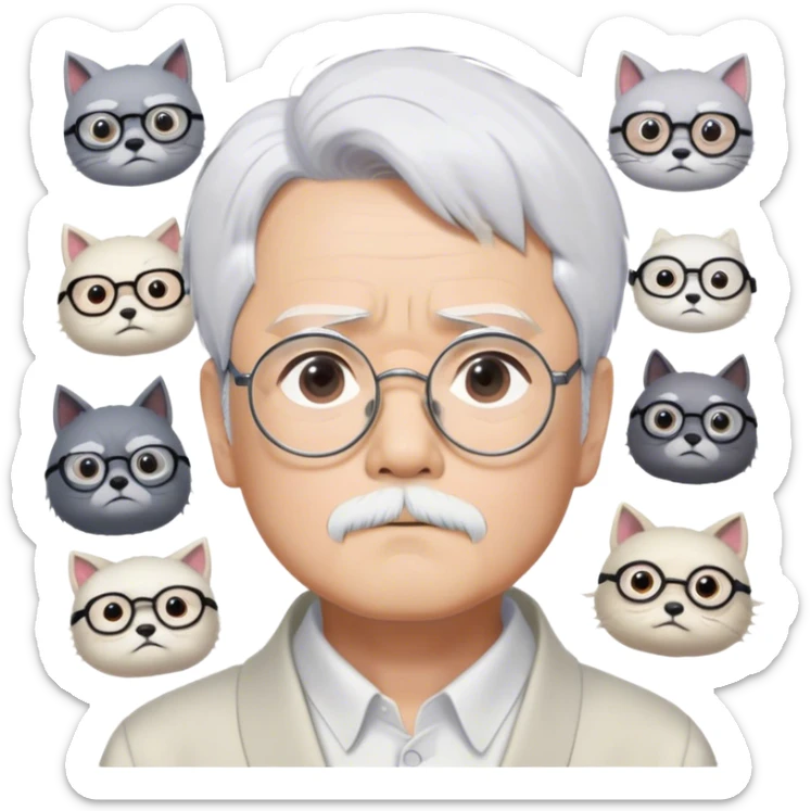 ​Cinematic Realistic Portrait of Hayao Miyazaki, depicted with striking white hair, defined black eyebrows, and large rectangular glasses, his thoughtful expression rendered in lifelike detail against a background of whimsical Studio Ghibli-inspired sketches, illuminated with soft, realistic lighting that emphasizes his creative genius, sticker