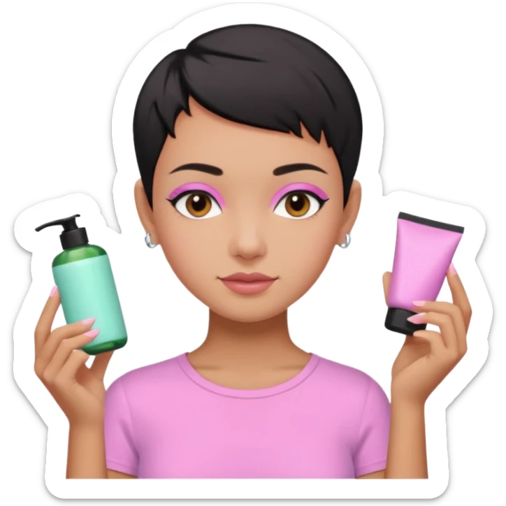 tan girl with no makeup pink shirt with black hair & a pixie, cut no earrings, doing pastel colors skin care sticker