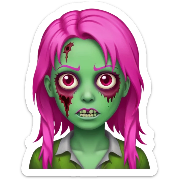 Create a zombie emoji in the style of an iPhone emoji, longo Hot pink hair sticker