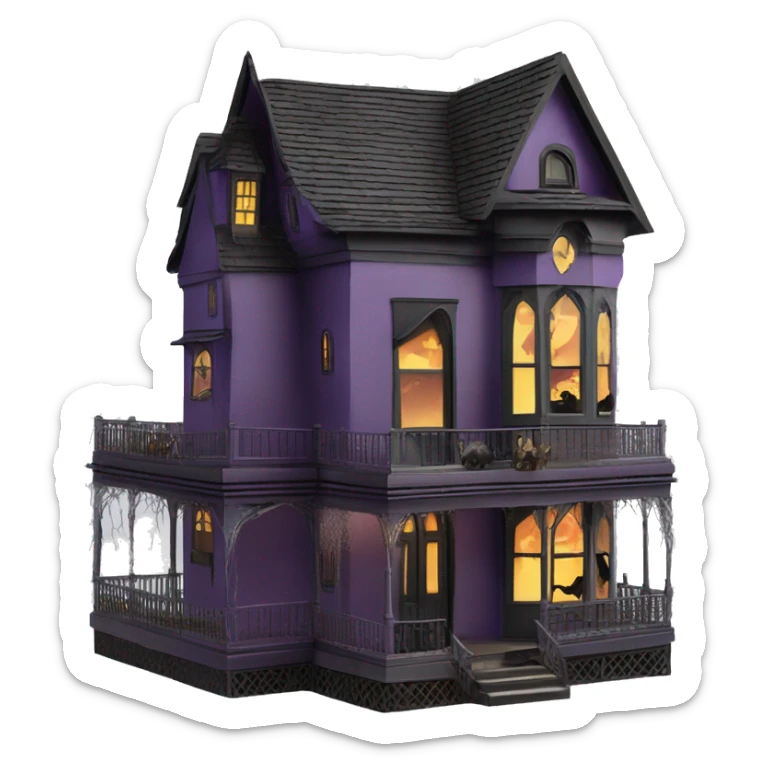 Barbie’s and Batman’s 6 story tall very haunted dream house with complete wrap-around porch and spider webs everywhere and some broken windows and boards  sticker