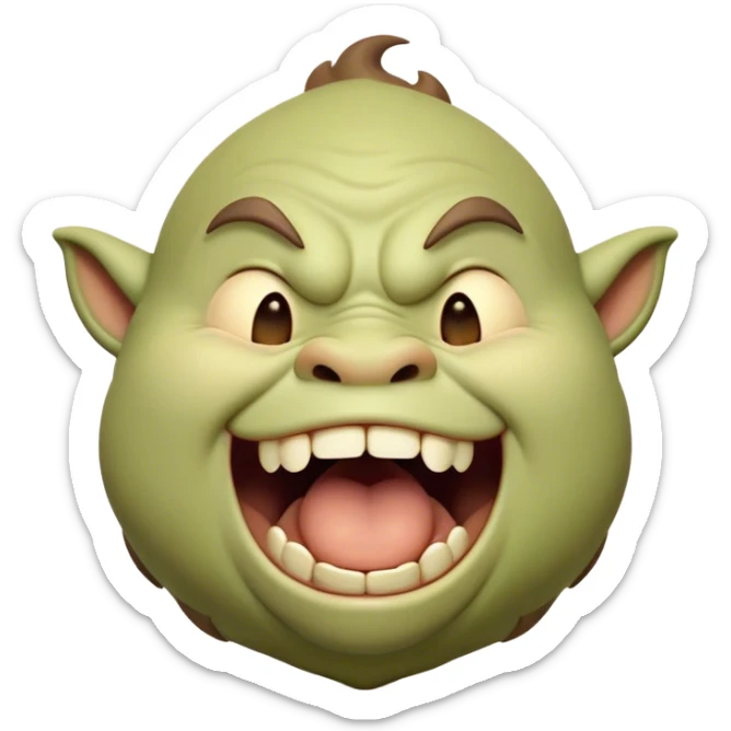 Cinematic Cute Yawning Ogre Portrait Emoji, with a surprisingly cuddly, rotund figure in soft earthy greens and browns, head tilted back in a big, gentle yawn exposing a set of comically oversized teeth, simplified yet irresistibly adorable, highly detailed with a soft glowing outline that captures the sleepy charm of a friendly ogre after a long day of gentle mischief! sticker