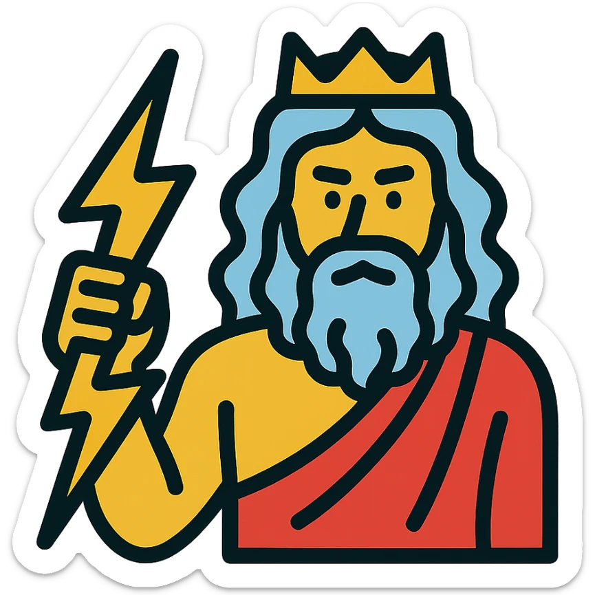 A detailed illustration of Zeus, the Greek god, with his beard, long curly hair, and regal attire, holding a lightning bolt sticker