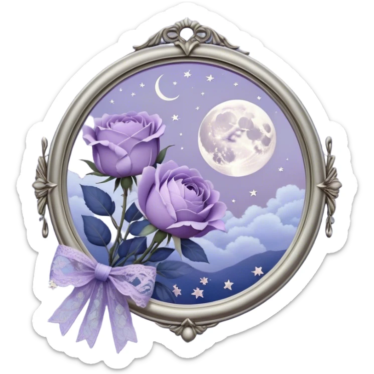 Under the soft light of a vintage brass lantern, a small bundle of lilac roses, indigo peonies, and delicate lavender sprigs is tied with a lace ribbon in a muted violet hue. Above, the sky is scattered with tiny silver stars, reflecting gently in the antique hand mirror with a moon-shaped handle beside the bouquet. sticker