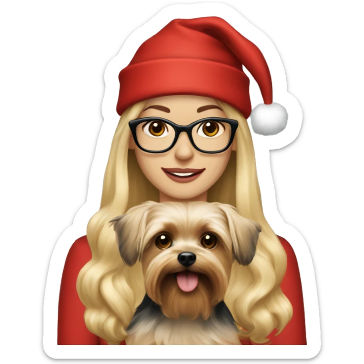 Beautiful woman with long blonde hair and black glasses wearing a red santa hat holding Yorkshire terrier sticker