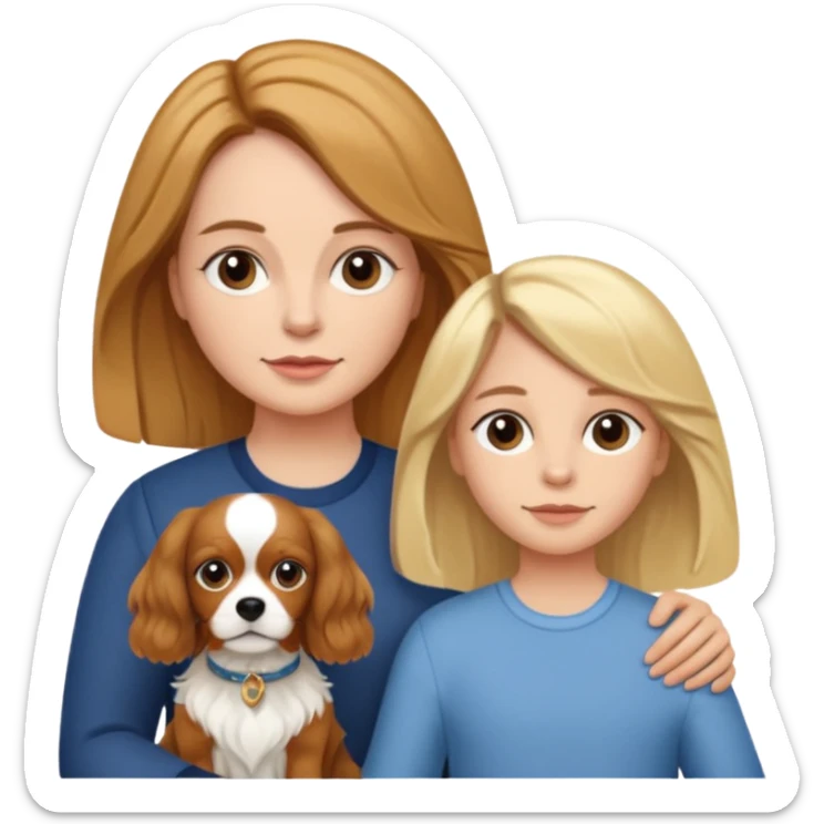 Make a picture of a mother, daughter and dog. Mother has short hair. Daughter has long hair. Dog is a King Charles Spaniel. sticker