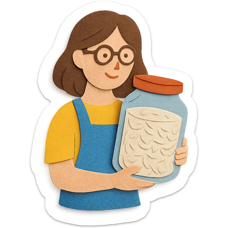 designer woman with brown hair holding a big glass jar of rice in paper craft style sticker