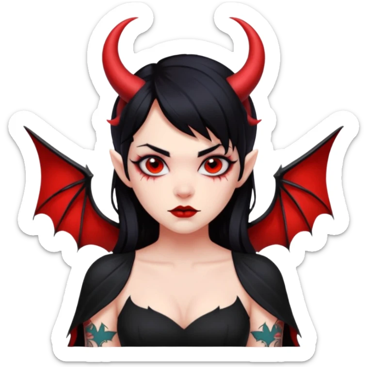 Demon girl, entire skin solid red, black hair, horns, bat wing, black dress, tattoo-flash comic. sticker