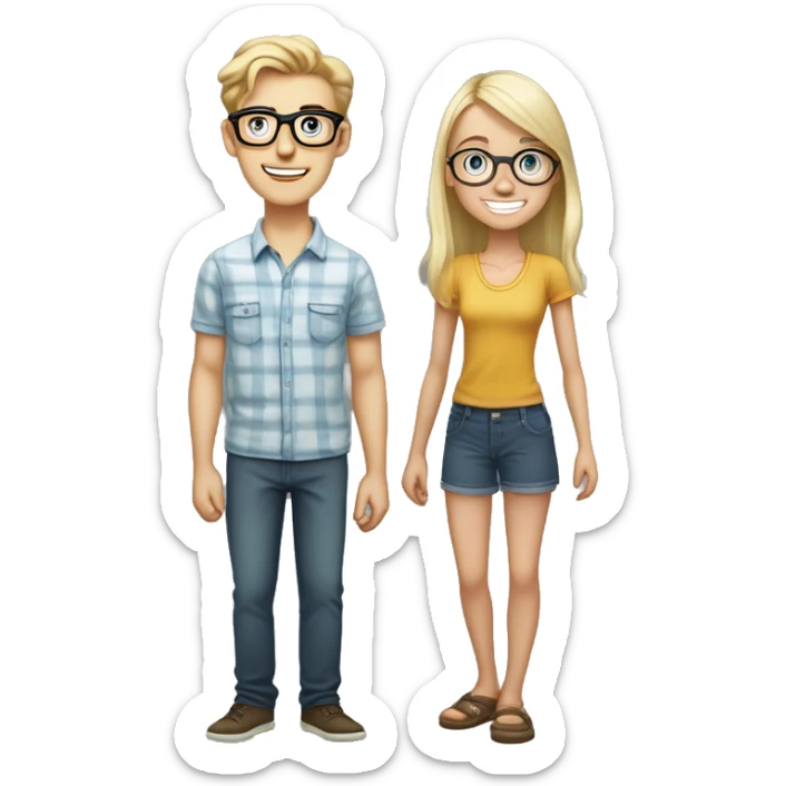 nerdy, skinny white blond guy in his mid-20s with glasses and braces, standing behind a shorter girl, smiling menacingly. sticker