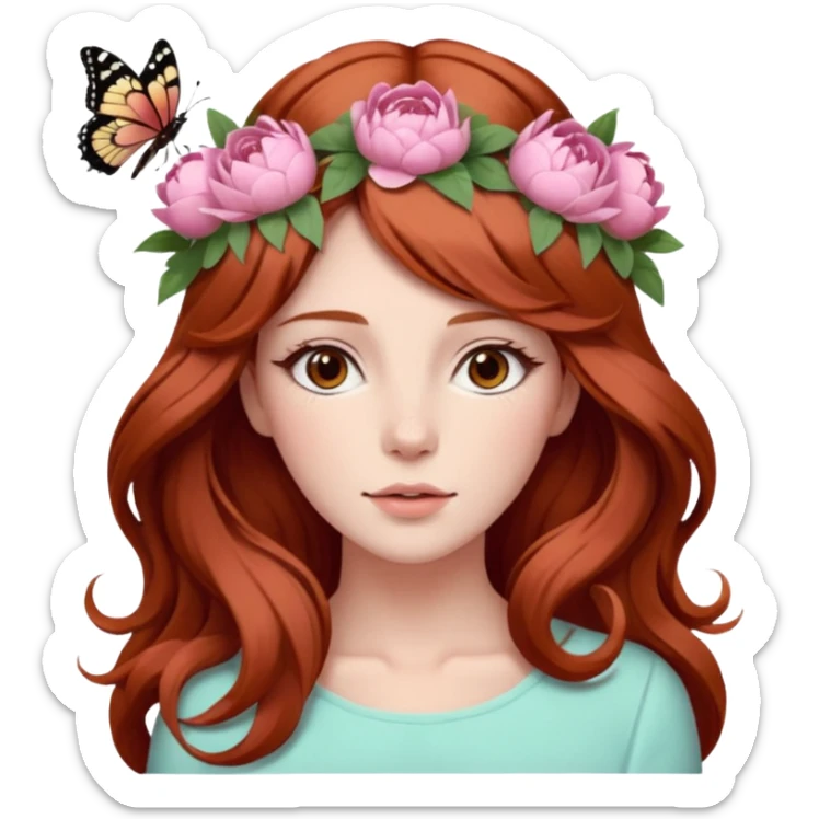 Woman with long flowing auburn hair wearing a pastel flower crown with big peonies and roses and butterflies in it sticker