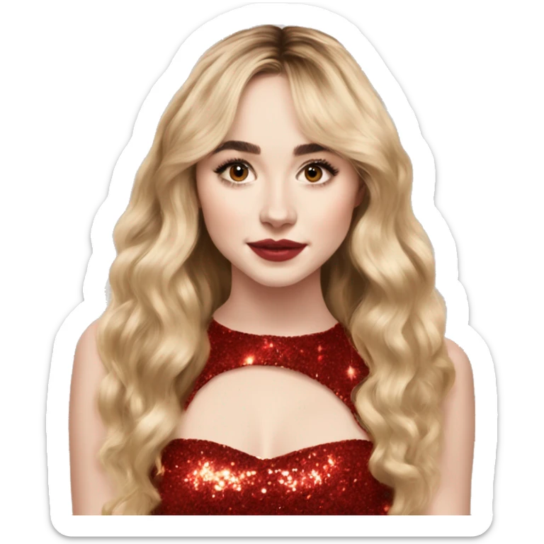 red sparkly dress Sabrina carpenter, long wavy blonde hair with bangs sticker