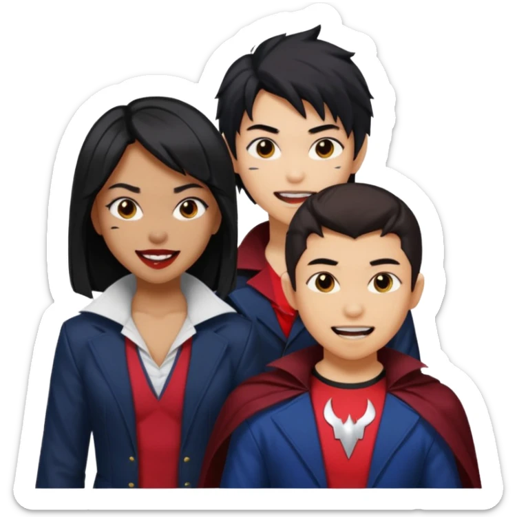 Solo poly platonic relationship, one is south African girl, one is Asian boy, one is biracial features Asian tomboy girl, vampire and marvel cosplay elements inspired. sticker