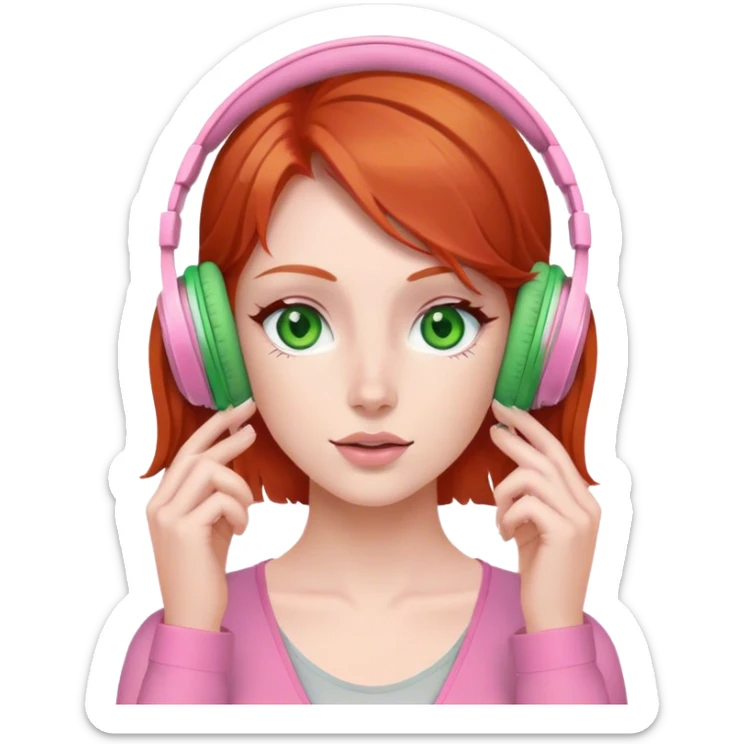 Red head with green eyes listening to music on pink wireless headphones  sticker