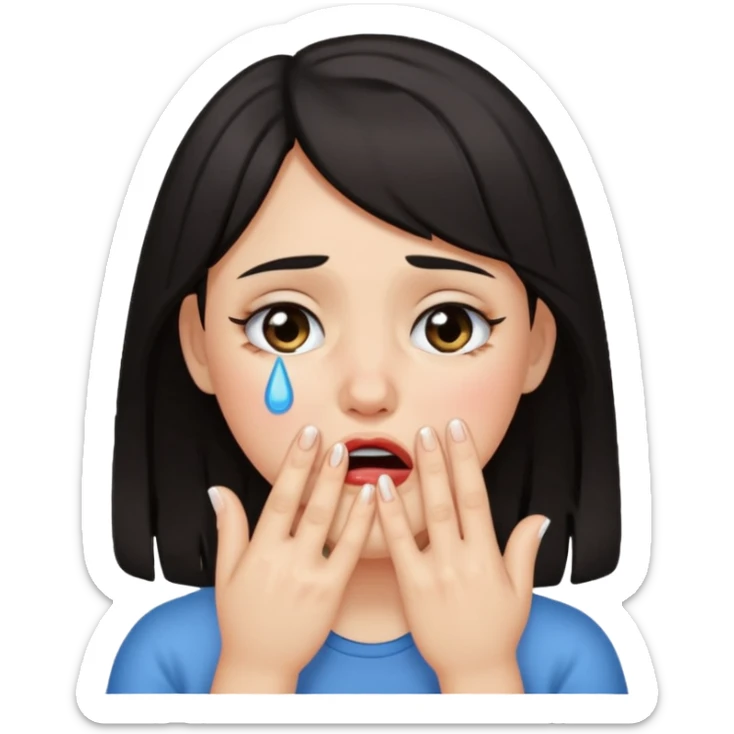 Dark haired girl with fingers in mouth and tears in eyes sticker