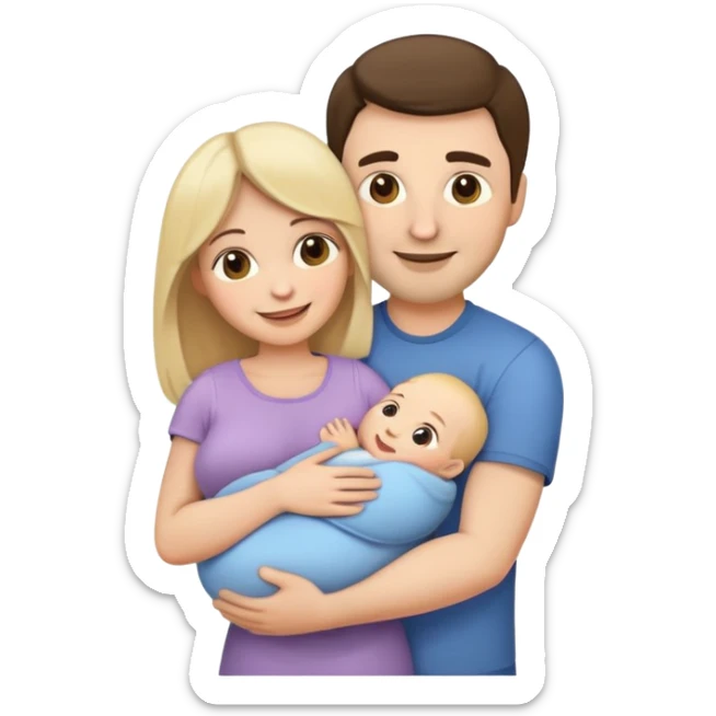 Create a family emoji. The mother is brunette, holding a newborn baby in her arms and the father is blonde, hugged her from behind, both smiling  sticker