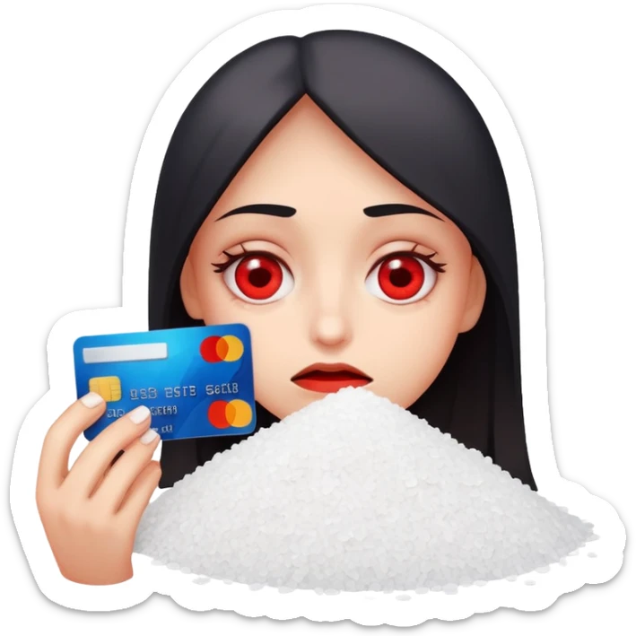 Tired red eyes holding crédito card with a pile of Salt  sticker