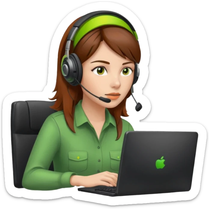 woman, brown hair, wearing a headset. she is controling limits from green, to orange, to red on the computer sticker