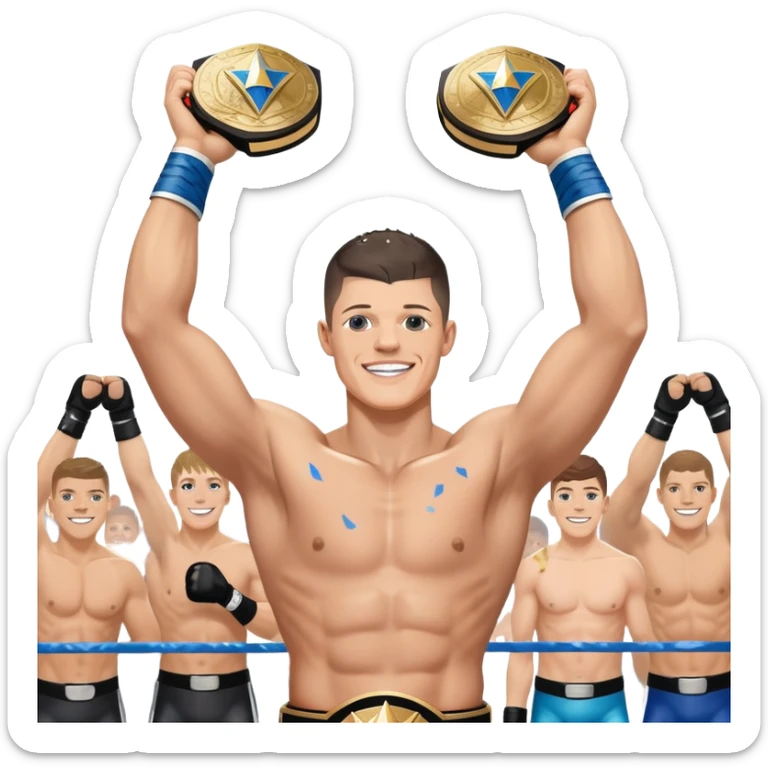Cody Rhodes, with a beaming smile and tears of joy, holds a championship belt aloft, his muscular arms raised in triumph, as confetti rains down around him. sticker