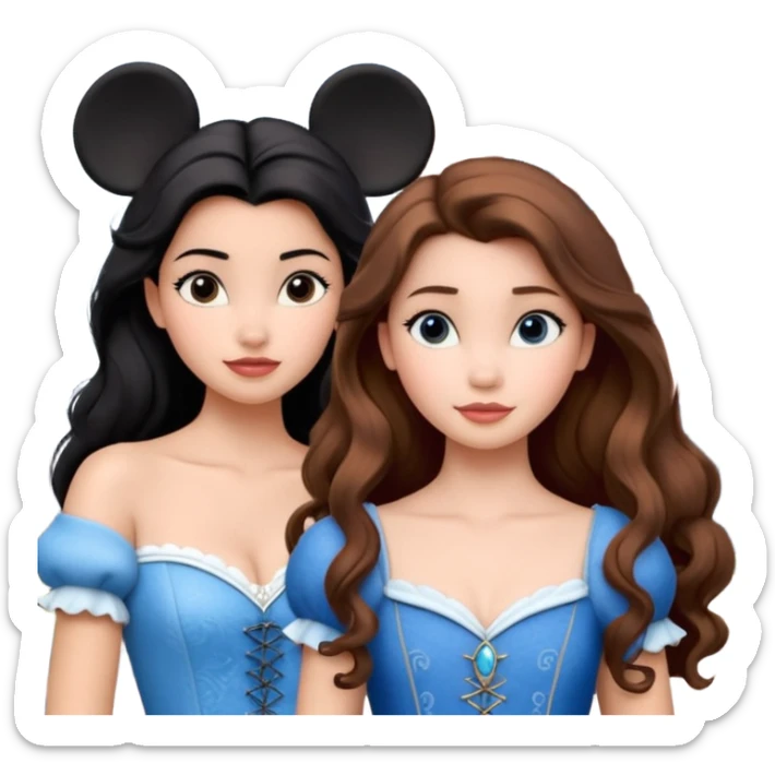 Quiero que crees una imagen donde este el castillo de Disney y por detrás o delante pon a 4 chicas: una con el pelo largo rizado marrón , otra con el pelo muy corto negro, como un chico, otra con el pelo mediano liso marrón con ojos azulesy otra con el pelo negro largo liso . Todos son color carne sticker