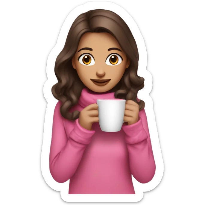 Brunette brown eyed girl sipping coffee in warm pink clothes and gloves sticker