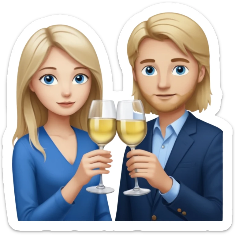 A woman with blue eyes and long balayage brown blond hair and a man with blue eyes and light brown hair, they toast to each other with a glass of white wine.  sticker