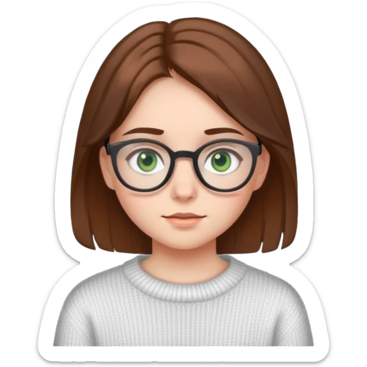 a girl of about 14 years old in a white sweater with brown hair, gray-green eyes and glasses sticker