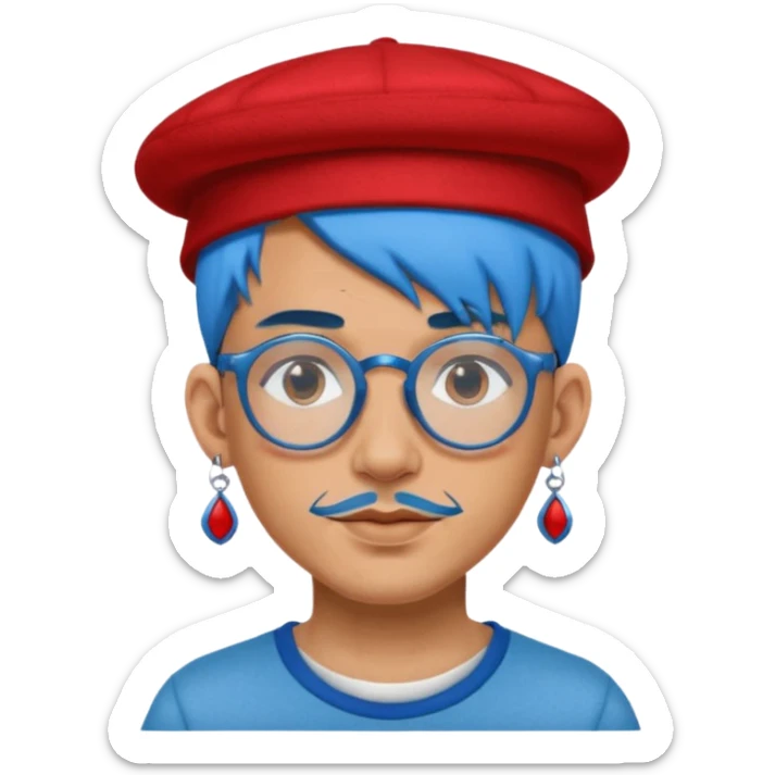 unique looking tourist with big unique red tourist felt hat and earrings, man with lots of tattoes and spectacles, blue hair showing sticker