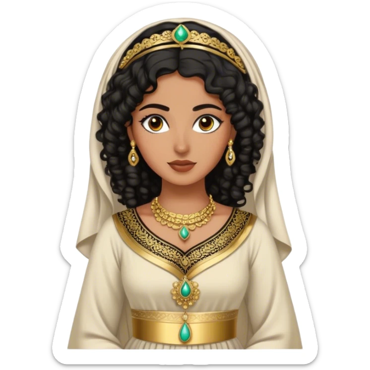 Godly beautiful Palestinian woman , with curly hair and defined eyeliner, and traditional thoob dress, gold accessories  sticker