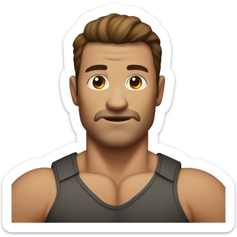 muscular man with no facial hair, large arms, brown hair which is long in the front and parted in the middle sticker