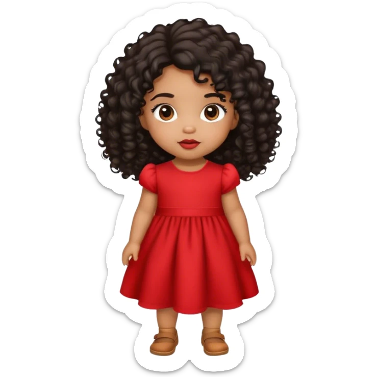 light brown skin tone, very adorable toddler, with big plump lips, long long lashes, black curly hair, middle hair parting, brown eyes, red dress sticker