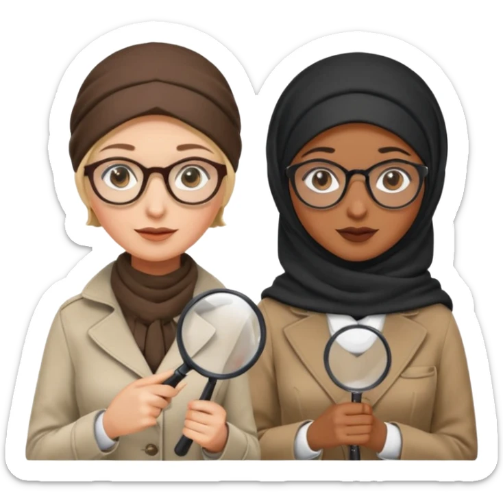 one white woman with hijab and glasses detective + one black woman without hijab and glasses detective  hand lens in one hand, hat etc sticker