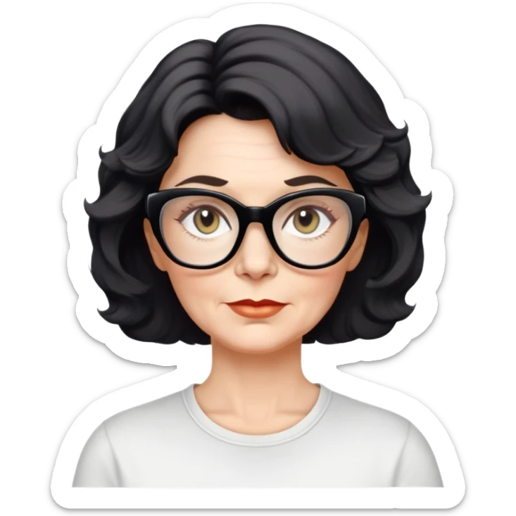 white woman about 50 years old with light warm skin, wavy black neck-length 80s short hair, neutral determined expression, large black shiny butterfly or cat-eye glasses, white casual t-shirt sticker
