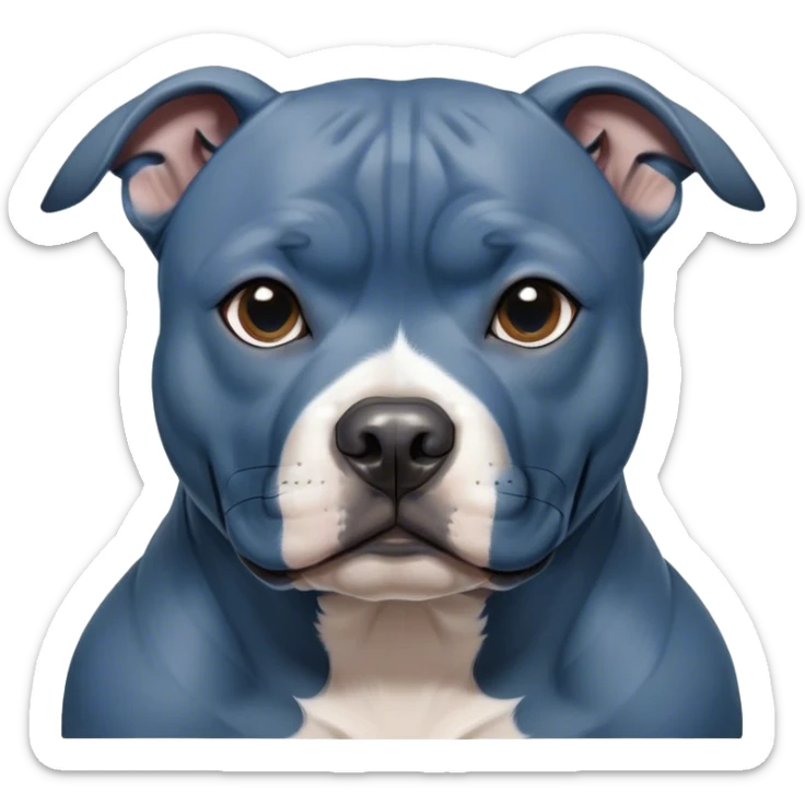 Cinematic Noble Blue Staffordshire Bull Terrier Portrait Emoji, Poised and regal, with a compact, muscular build and a sleek, well-groomed blue Fur, deep-set soulful dark eyes, Simplified yet sharp and sophisticated features, highly detailed, glowing with a soft, dignified glow, high shine, intelligent and loyal, stylized with an air of strength, focused and attentive, soft glowing outline, capturing the essence of a watchful and confident guardian, so majestic it feels as though it could stride out of the screen with effortless authority! sticker
