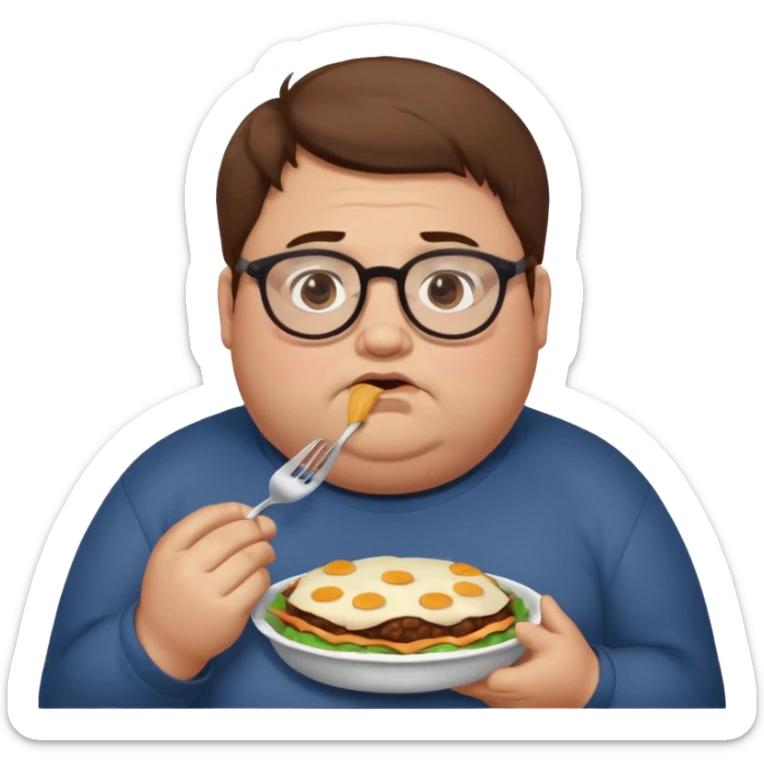 Fat sad guy with brown hair and glasses eating food sticker