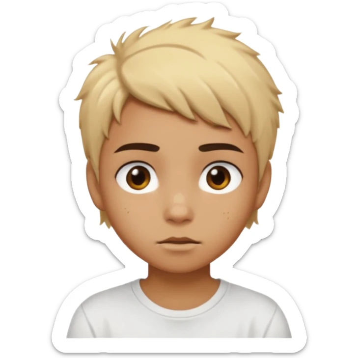 caramel skin color. Teen age. Short buzz, messy blonde hair, dark brown bushy eyebrows large expressive golden-brown eyes, brown skin color, scar over nose, wearing a plain white t-shirt. sticker