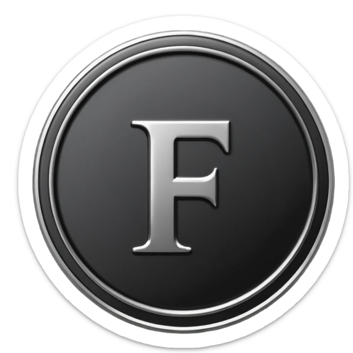 Emoji icon of a black coin with engraved letter F, minimalist style, isolated, no color sticker