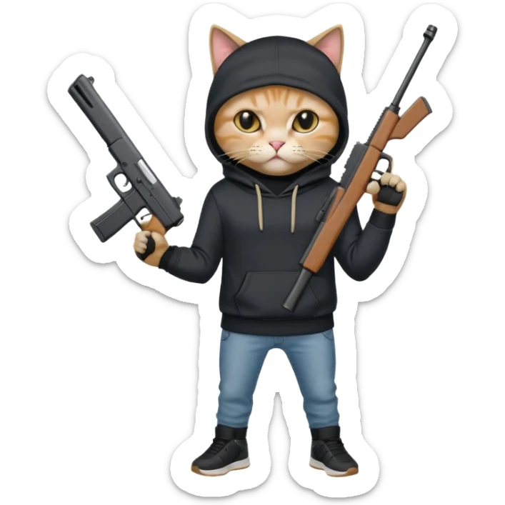 Cat with a ski mask and black hoodie holding a beige colored glock 19 gun and with skinny jeans on and black sneaker shoes sticker