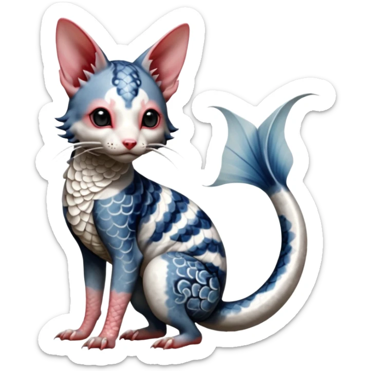 Hyper-realistic cute Japanese oriental Asian Edgy badass swimmy wet painted intricate ornate Japanese Asian koi-Minccino-Lykoi-Emolga-Sphynx-Linoone-Zangoose-fusion-hybrid-animal-Fakémon-creature, full body, thin long sleek scaly tail, intricate markings sticker