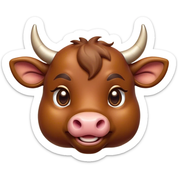 Cinematic Cute Brown Bull Portrait Emoji, Head tilted playfully and inquisitively, featuring a glossy, robust brown hide with a natural sheen, round, sparkling dark eyes filled with gentle curiosity, Simplified yet irresistibly adorable features, highly detailed, glowing with a warm, friendly glow, high shine, affectionate and imposing, stylized with a touch of rugged charm, bright and endearing, soft glowing outline, capturing the essence of a mischievous yet loving bull, so playful it feels like it could stomp out of the screen and into your arms! sticker