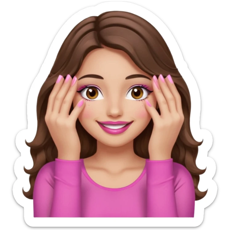 girl with long wavy brown hair, brown eyes, long lashes, sexy pink lips, light to medium complexion, wearing a pink sexy top, smiling, hands covering over the eyes sticker