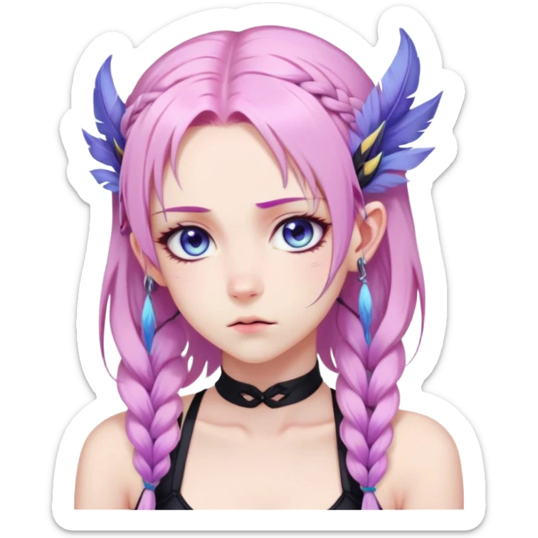 Gorgeous anime lady long-pale-pastel-pink-hair with one braid on each side, grumpy expression, purple-pink feather-ear-cuffs in hair, black bodysuit, blue eyes, pink iris, ethereal, fantasy, sticker