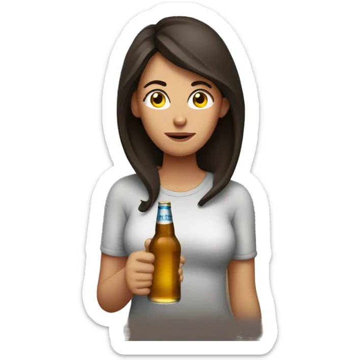 Exhausted woman with dark brown hair holding a beer bottle sticker